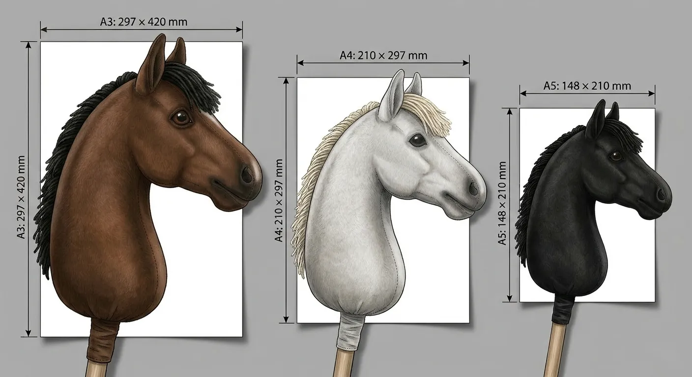 Porównanie rozmiarów hobby horse A5, A4 i A3 — trzy koniki obok siebie